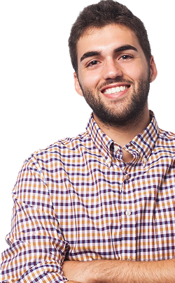 a smiling man wearing a checkered polo with a collar